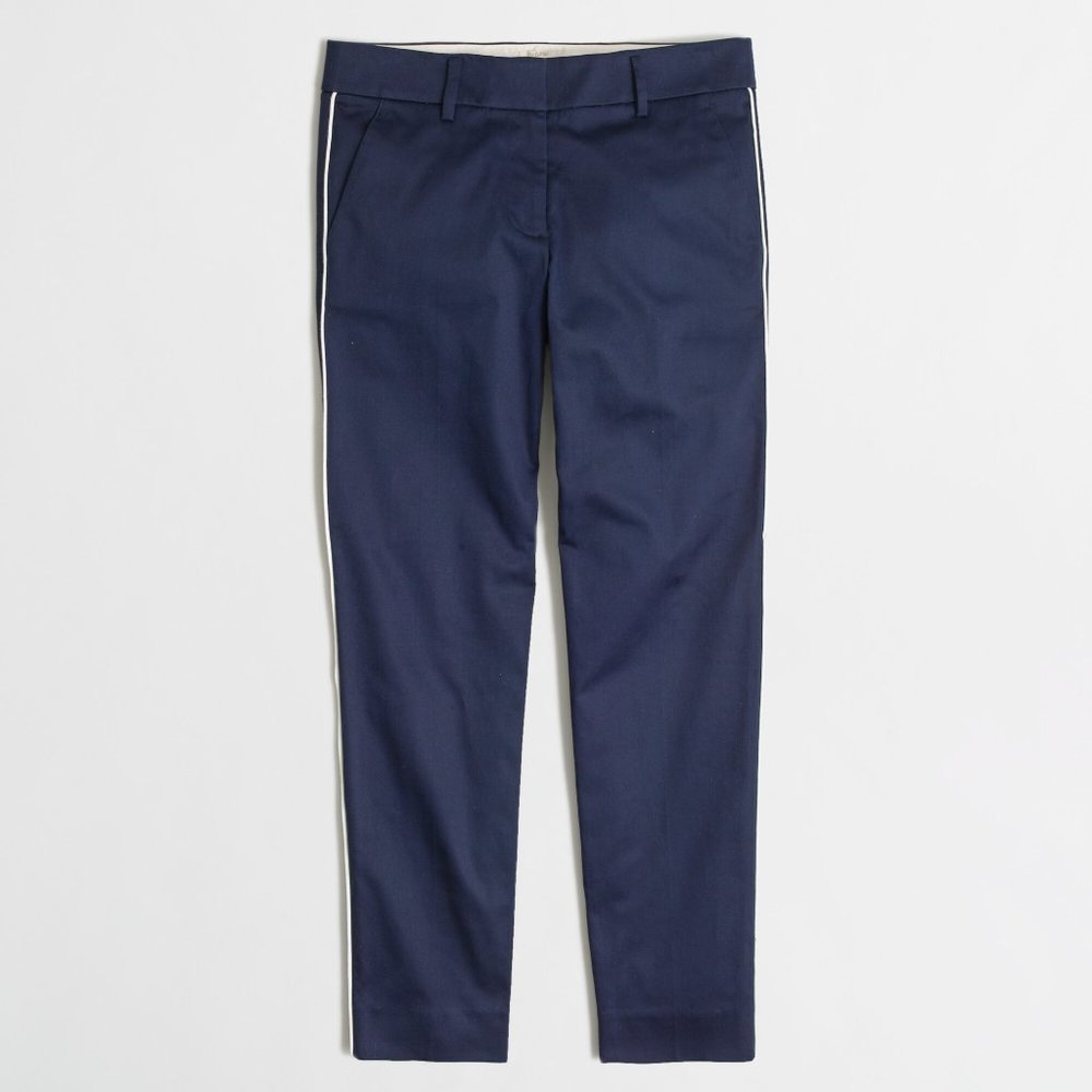 NWT Womens Size 2 J. Crew Navy Tuxedo Navy Skimmer Pants with White Pipe Stripe